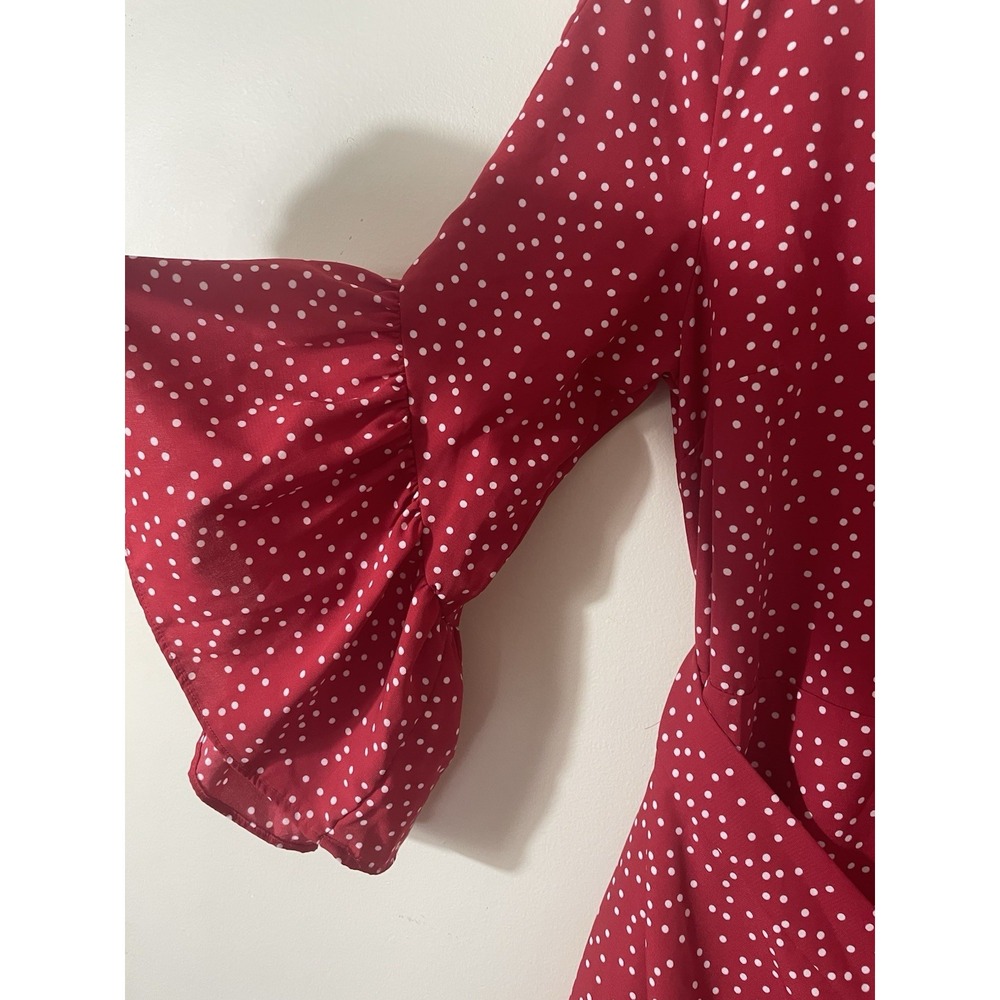 Lulu's Red Polka Dot Mini Wrap Dress Size Medium Ruffle Sleeve Cocktail Romantic - Picture 6 of 7